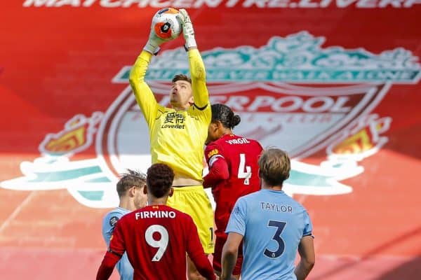 LIVERPOOL, ENGLAND - Saturday, July 11, 2020: Burnley's goalkeeper Nick Pope catches the ball during the FA Premier League match between Liverpool FC and Burnley FC at Anfield. The game was played behind closed doors due to the UK government’s social distancing laws during the Coronavirus COVID-19 Pandemic. (Pic by Propaganda)