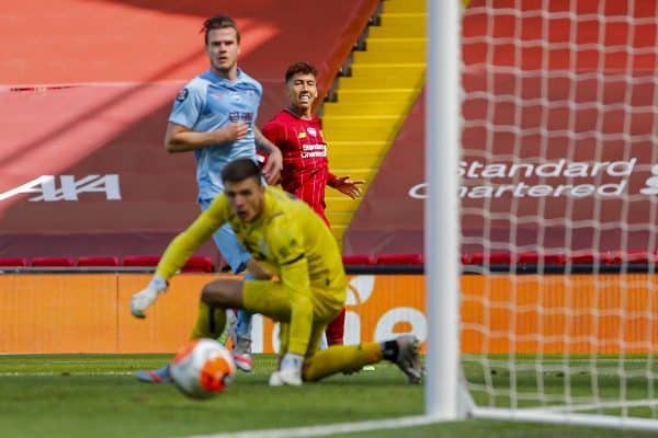 LIVERPOOL, ENGLAND - Saturday, July 11, 2020: Liverpool’s Roberto Firmino sees his shot go wide during the FA Premier League match between Liverpool FC and Burnley FC at Anfield. The game was played behind closed doors due to the UK government’s social distancing laws during the Coronavirus COVID-19 Pandemic. (Pic by Propaganda)