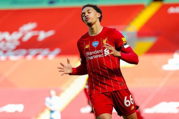 LIVERPOOL, ENGLAND - Saturday, July 11, 2020: Liverpool’s Trent Alexander-Arnold looks dejected after missing a chance during the FA Premier League match between Liverpool FC and Burnley FC at Anfield. The game was played behind closed doors due to the UK government’s social distancing laws during the Coronavirus COVID-19 Pandemic. (Pic by Propaganda)