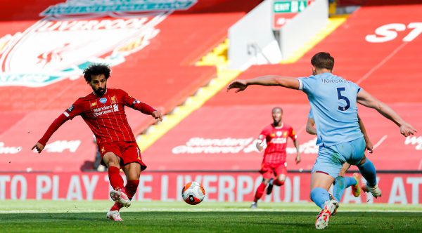 LIVERPOOL, ENGLAND - Saturday, July 11, 2020: Liverpool’s Mohamed Salah sees his shot saved during the FA Premier League match between Liverpool FC and Burnley FC at Anfield. The game was played behind closed doors due to the UK government’s social distancing laws during the Coronavirus COVID-19 Pandemic. (Pic by Propaganda)