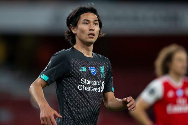 LONDON, ENGLAND - Tuesday, July 14, 2020: Liverpool’s Takumi Minamino during the FA Premier League match between Arsenal FC and Liverpool FC at the Emirates Stadium. The game was played behind closed doors due to the UK government’s social distancing laws during the Coronavirus COVID-19 Pandemic. Arsenal won 2-1. (Pic by David Rawcliffe/Propaganda)