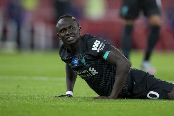 LONDON, ENGLAND - Tuesday, July 14, 2020: Liverpool’s Sadio Mané looks dejected after missing a chance during the FA Premier League match between Arsenal FC and Liverpool FC at the Emirates Stadium. The game was played behind closed doors due to the UK government’s social distancing laws during the Coronavirus COVID-19 Pandemic. Arsenal won 2-1. (Pic by David Rawcliffe/Propaganda)