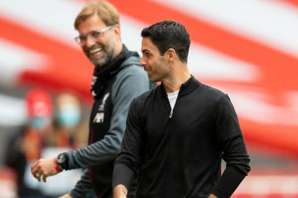 LONDON, ENGLAND - Tuesday, July 14, 2020: Arsenal's manager Mikel Arteta (R) and Liverpool's manager Jürgen Klopp chat before the FA Premier League match between Arsenal FC and Liverpool FC at the Emirates Stadium. The game was played behind closed doors due to the UK government’s social distancing laws during the Coronavirus COVID-19 Pandemic. (Pic by David Rawcliffe/Propaganda)