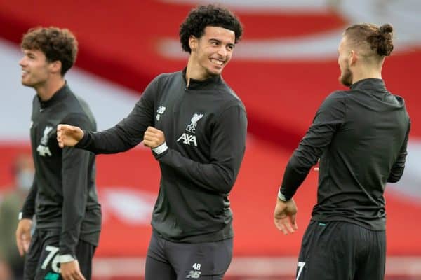 LONDON, ENGLAND - Tuesday, July 14, 2020: Liverpool’s Curtis Jones during the pre-match warm-up before the FA Premier League match between Arsenal FC and Liverpool FC at the Emirates Stadium. The game was played behind closed doors due to the UK government’s social distancing laws during the Coronavirus COVID-19 Pandemic. (Pic by David Rawcliffe/Propaganda)