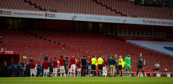 LONDON, ENGLAND - Tuesday, July 14, 2020: Arsenal players give Champions Liverpool a guard of honour during the FA Premier League match between Arsenal FC and Liverpool FC at the Emirates Stadium. The game was played behind closed doors due to the UK government’s social distancing laws during the Coronavirus COVID-19 Pandemic. (Pic by David Rawcliffe/Propaganda)