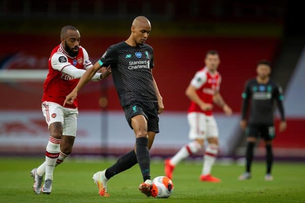 LONDON, ENGLAND - Tuesday, July 14, 2020: Liverpool’s Fabio Henrique Tavares 'Fabinho' (R) and Arsenal's Alexandre Lacazette during the FA Premier League match between Arsenal FC and Liverpool FC at the Emirates Stadium. The game was played behind closed doors due to the UK government’s social distancing laws during the Coronavirus COVID-19 Pandemic. (Pic by David Rawcliffe/Propaganda)