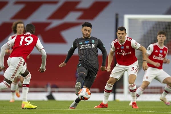 LONDON, ENGLAND - Tuesday, July 14, 2020: Liverpool’s Alex Oxlade-Chamberlain during the FA Premier League match between Arsenal FC and Liverpool FC at the Emirates Stadium. The game was played behind closed doors due to the UK government’s social distancing laws during the Coronavirus COVID-19 Pandemic. (Pic by David Rawcliffe/Propaganda)