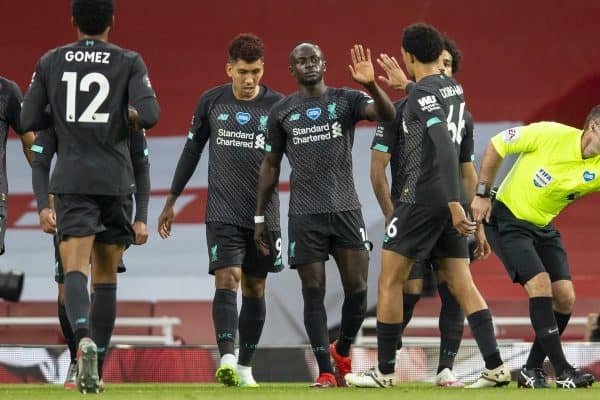 LONDON, ENGLAND - Tuesday, July 14, 2020: Liverpool’s Sadio Mané celebrates scoring the first goal during the FA Premier League match between Arsenal FC and Liverpool FC at the Emirates Stadium. The game was played behind closed doors due to the UK government’s social distancing laws during the Coronavirus COVID-19 Pandemic. (Pic by David Rawcliffe/Propaganda)