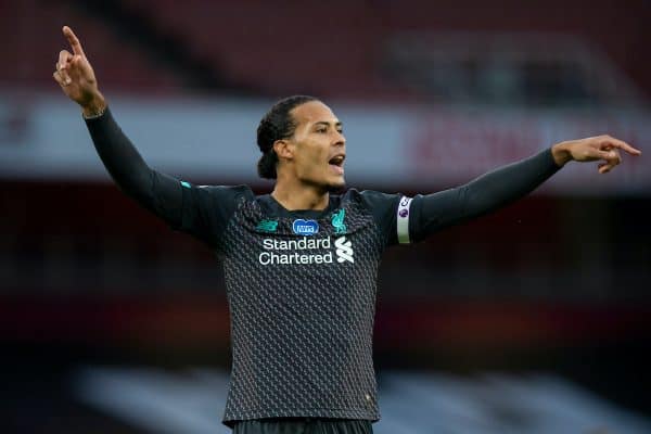 LONDON, ENGLAND - Tuesday, July 14, 2020: Liverpool’s Virgil van Dijk during the FA Premier League match between Arsenal FC and Liverpool FC at the Emirates Stadium. The game was played behind closed doors due to the UK government’s social distancing laws during the Coronavirus COVID-19 Pandemic. (Pic by David Rawcliffe/Propaganda)