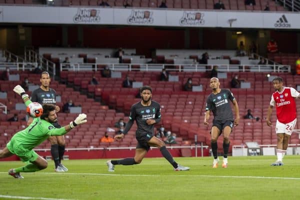 LONDON, ENGLAND - Tuesday, July 14, 2020: Arsenal's Reiss Nelson scores the second goal during the FA Premier League match between Arsenal FC and Liverpool FC at the Emirates Stadium. The game was played behind closed doors due to the UK government’s social distancing laws during the Coronavirus COVID-19 Pandemic. (Pic by David Rawcliffe/Propaganda)