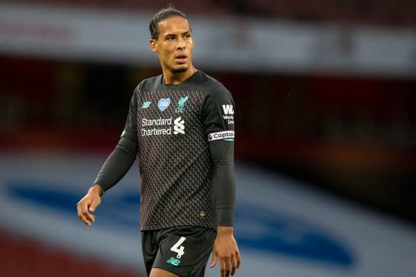 LONDON, ENGLAND - Tuesday, July 14, 2020: Liverpool’s Virgil van Dijk looks dejected as Arsenal score the second goal to make the score 2-1 during the FA Premier League match between Arsenal FC and Liverpool FC at the Emirates Stadium. The game was played behind closed doors due to the UK government’s social distancing laws during the Coronavirus COVID-19 Pandemic. (Pic by David Rawcliffe/Propaganda)