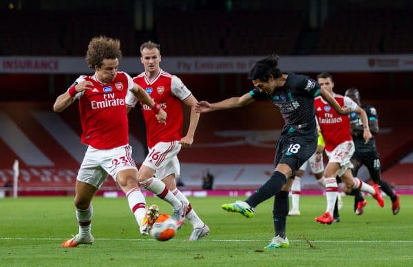 LONDON, ENGLAND - Tuesday, July 14, 2020: Liverpool’s Takumi Minamino during the FA Premier League match between Arsenal FC and Liverpool FC at the Emirates Stadium. The game was played behind closed doors due to the UK government’s social distancing laws during the Coronavirus COVID-19 Pandemic. (Pic by David Rawcliffe/Propaganda)