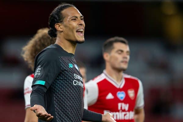 LONDON, ENGLAND - Tuesday, July 14, 2020: Liverpool’s Virgil van Dijk complains to the referee during the FA Premier League match between Arsenal FC and Liverpool FC at the Emirates Stadium. The game was played behind closed doors due to the UK government’s social distancing laws during the Coronavirus COVID-19 Pandemic. (Pic by David Rawcliffe/Propaganda)