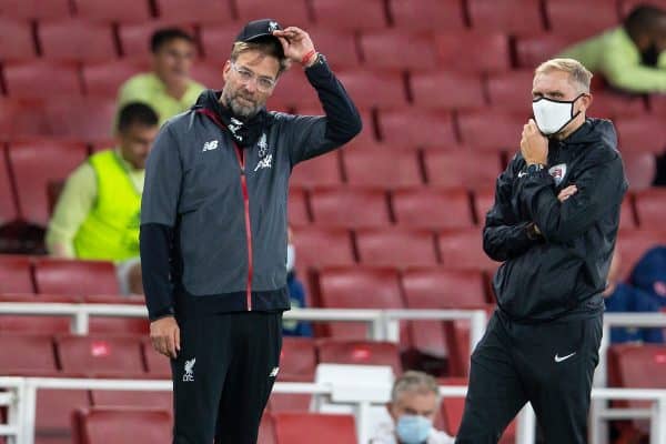 LONDON, ENGLAND - Tuesday, July 14, 2020: Liverpool’s manager Jürgen Klopp reacts during the FA Premier League match between Arsenal FC and Liverpool FC at the Emirates Stadium. The game was played behind closed doors due to the UK government’s social distancing laws during the Coronavirus COVID-19 Pandemic. Arsenal won 2-1. (Pic by David Rawcliffe/Propaganda)