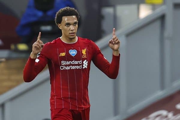 LIVERPOOL, ENGLAND - Wednesday, July 22, 2020: Liverpool’s Trent Alexander-Arnold celebrates scoring the second goal from a free-kick during the FA Premier League match between Liverpool FC and Chelsea FC at Anfield. The game was played behind closed doors due to the UK government’s social distancing laws during the Coronavirus COVID-19 Pandemic. (Pic by David Rawcliffe/Propaganda)