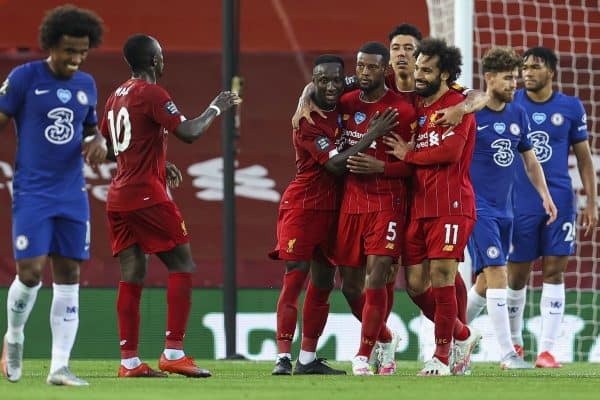 LIVERPOOL, ENGLAND - Wednesday, July 22, 2020: Liverpool’s Georginio Wijnaldum celebrates scoring the third goal with team-mates during the FA Premier League match between Liverpool FC and Chelsea FC at Anfield. The game was played behind closed doors due to the UK government’s social distancing laws during the Coronavirus COVID-19 Pandemic. (Pic by David Rawcliffe/Propaganda)