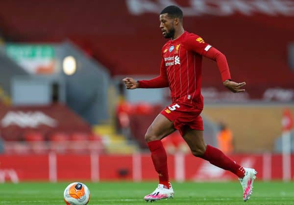 LIVERPOOL, ENGLAND - Wednesday, July 22, 2020: Liverpool’s Gini Wijnaldum during the FA Premier League match between Liverpool FC and Chelsea FC at Anfield. The game was played behind closed doors due to the UK government’s social distancing laws during the Coronavirus COVID-19 Pandemic. (Pic by David Rawcliffe/Propaganda)