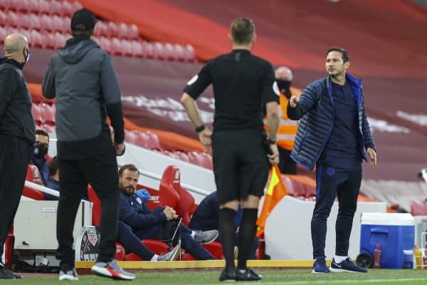 LIVERPOOL, ENGLAND - Wednesday, July 22, 2020: Chelsea's manager Frank Lampard argues with Liverpool bench during the FA Premier League match between Liverpool FC and Chelsea FC at Anfield. The game was played behind closed doors due to the UK government’s social distancing laws during the Coronavirus COVID-19 Pandemic. (Pic by David Rawcliffe/Propaganda)