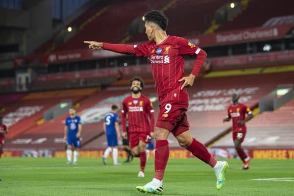 LIVERPOOL, ENGLAND - Wednesday, July 22, 2020: Liverpool’s Roberto Firmino celebrates scoring the fourth goal during the FA Premier League match between Liverpool FC and Chelsea FC at Anfield. The game was played behind closed doors due to the UK government’s social distancing laws during the Coronavirus COVID-19 Pandemic. (Pic by David Rawcliffe/Propaganda)