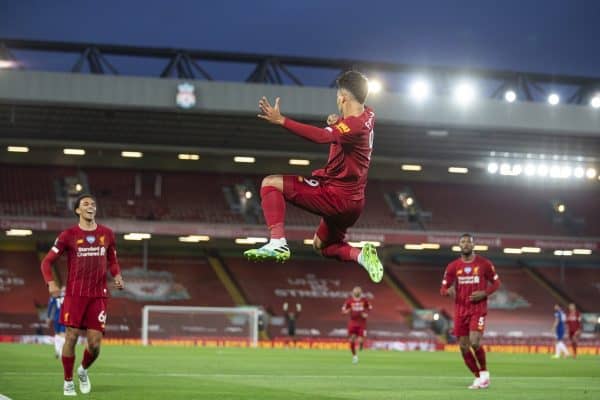 LIVERPOOL, ENGLAND - Wednesday, July 22, 2020: Liverpool’s Roberto Firmino celebrates scoring the fourth goal during the FA Premier League match between Liverpool FC and Chelsea FC at Anfield. The game was played behind closed doors due to the UK government’s social distancing laws during the Coronavirus COVID-19 Pandemic. (Pic by David Rawcliffe/Propaganda)