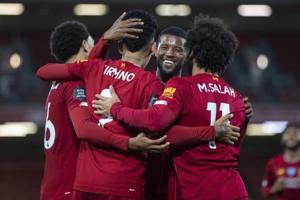 LIVERPOOL, ENGLAND - Wednesday, July 22, 2020: Liverpool’s Roberto Firmino celebrates scoring the fourth goal with team-mates during the FA Premier League match between Liverpool FC and Chelsea FC at Anfield. The game was played behind closed doors due to the UK government’s social distancing laws during the Coronavirus COVID-19 Pandemic. (Pic by David Rawcliffe/Propaganda)