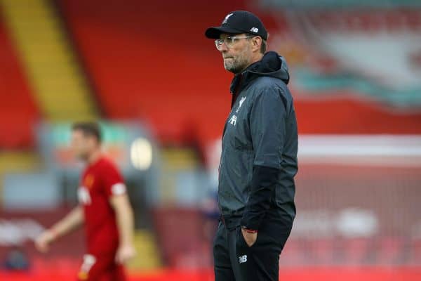 LIVERPOOL, ENGLAND - Wednesday, July 22, 2020: Liverpool’s manager Jürgen Klopp before the FA Premier League match between Liverpool FC and Chelsea FC at Anfield. The game was played behind closed doors due to the UK government’s social distancing laws during the Coronavirus COVID-19 Pandemic. (Pic by David Rawcliffe/Propaganda)