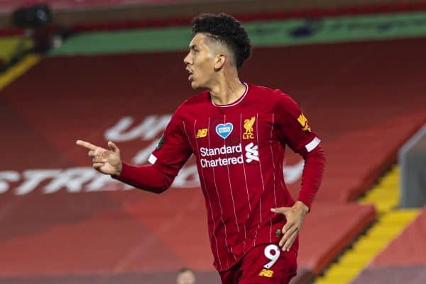 LIVERPOOL, ENGLAND - Wednesday, July 22, 2020: Liverpool’s Roberto Firmino celebrates scoring the fourth goal during the FA Premier League match between Liverpool FC and Chelsea FC at Anfield. The game was played behind closed doors due to the UK government’s social distancing laws during the Coronavirus COVID-19 Pandemic. (Pic by David Rawcliffe/Propaganda)