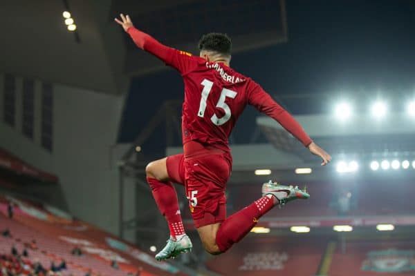 LIVERPOOL, ENGLAND - Wednesday, July 22, 2020: Liverpool’s Alex Oxlade-Chamberlain celebrates scoring the fifth goal during the FA Premier League match between Liverpool FC and Chelsea FC at Anfield. The game was played behind closed doors due to the UK government’s social distancing laws during the Coronavirus COVID-19 Pandemic. (Pic by David Rawcliffe/Propaganda)