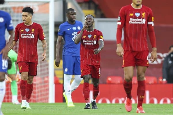 LIVERPOOL, ENGLAND - Wednesday, July 22, 2020: Liverpool’s Naby Keita celebrates scoring the first goal during the FA Premier League match between Liverpool FC and Chelsea FC at Anfield. The game was played behind closed doors due to the UK government’s social distancing laws during the Coronavirus COVID-19 Pandemic. (Pic by David Rawcliffe/Propaganda)