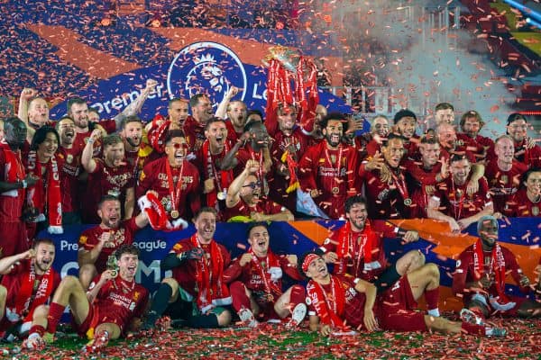 LIVERPOOL, ENGLAND - Wednesday, July 22, 2020: Liverpool’s captain Jordan Henderson lifts the FA Premier League trophy after the FA Premier League match between Liverpool FC and Chelsea FC at Anfield. The game was played behind closed doors due to the UK government’s social distancing laws during the Coronavirus COVID-19 Pandemic. (Pic by David Rawcliffe/Propaganda)