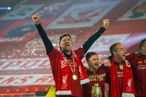 LIVERPOOL, ENGLAND - Wednesday, July 22, 2020: Liverpool’s Jurgen Klopp celebrates after the FA Premier League match between Liverpool FC and Chelsea FC at Anfield. The game was played behind closed doors due to the UK government’s social distancing laws during the Coronavirus COVID-19 Pandemic. (Pic by David Rawcliffe/Propaganda)