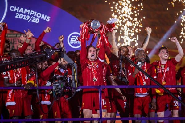 LIVERPOOL, ENGLAND - Wednesday, July 22, 2020: Liverpool’s captain Jordan Henderson lifts the FA Premier League trophy after the FA Premier League match between Liverpool FC and Chelsea FC at Anfield. The game was played behind closed doors due to the UK government’s social distancing laws during the Coronavirus COVID-19 Pandemic. (Pic by David Rawcliffe/Propaganda)