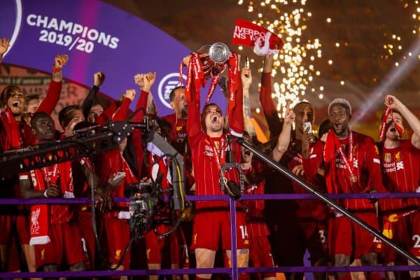 LIVERPOOL, ENGLAND - Wednesday, July 22, 2020: Liverpool’s captain Jordan Henderson lifts the FA Premier League trophy after the FA Premier League match between Liverpool FC and Chelsea FC at Anfield. The game was played behind closed doors due to the UK government’s social distancing laws during the Coronavirus COVID-19 Pandemic. (Pic by David Rawcliffe/Propaganda)