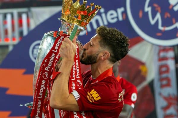 LIVERPOOL, ENGLAND - Wednesday, July 22, 2020: Liverpool’s Adam Lallana kisses the trophy after the FA Premier League match between Liverpool FC and Chelsea FC at Anfield. The game was played behind closed doors due to the UK government’s social distancing laws during the Coronavirus COVID-19 Pandemic. (Pic by David Rawcliffe/Propaganda)