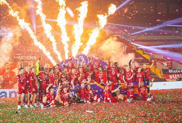 LIVERPOOL, ENGLAND - Wednesday, July 22, 2020: Liverpool’s captain Jordan Henderson lifts the FA Premier League trophy after the FA Premier League match between Liverpool FC and Chelsea FC at Anfield. The game was played behind closed doors due to the UK government’s social distancing laws during the Coronavirus COVID-19 Pandemic. (Pic by David Rawcliffe/Propaganda)