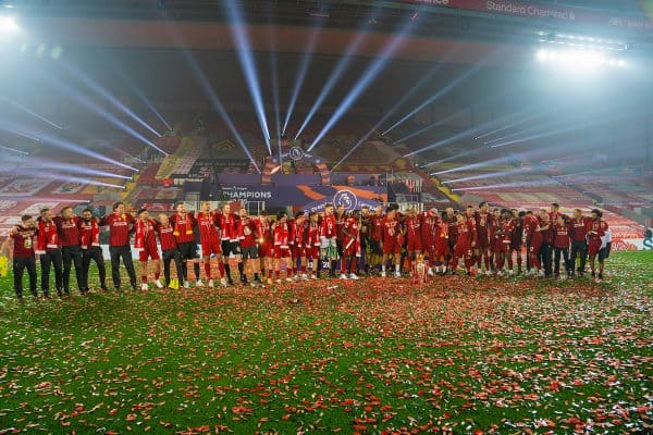 LIVERPOOL, ENGLAND - Wednesday, July 22, 2020: Liverpool’s players and staff singing "You'll Never Walk Alone" after the FA Premier League match between Liverpool FC and Chelsea FC at Anfield. The game was played behind closed doors due to the UK government’s social distancing laws during the Coronavirus COVID-19 Pandemic. (Pic by David Rawcliffe/Propaganda)