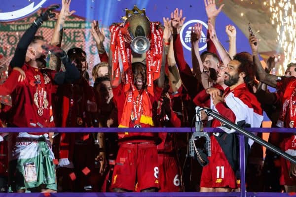 LIVERPOOL, ENGLAND - Wednesday, July 22, 2020: Liverpool’s Naby Keita lifts the Premier League trophy after the FA Premier League match between Liverpool FC and Chelsea FC at Anfield. The game was played behind closed doors due to the UK government’s social distancing laws during the Coronavirus COVID-19 Pandemic. Liverpool won 5-3. (Pic by David Rawcliffe/Propaganda)