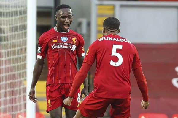 LIVERPOOL, ENGLAND - Wednesday, July 22, 2020: Liverpool’s Naby Keita celebrates scoring the first goal with team-mate Georginio Wijnaldum during the FA Premier League match between Liverpool FC and Chelsea FC at Anfield. The game was played behind closed doors due to the UK government’s social distancing laws during the Coronavirus COVID-19 Pandemic. (Pic by David Rawcliffe/Propaganda)