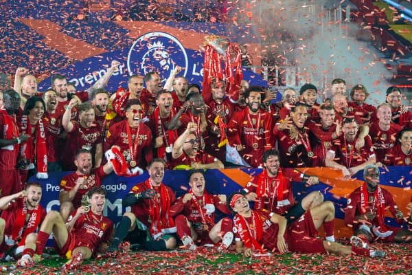 LIVERPOOL, ENGLAND - Wednesday, July 22, 2020: Liverpool’s captain Jordan Henderson lifts the Premier League trophy after the FA Premier League match between Liverpool FC and Chelsea FC at Anfield. The game was played behind closed doors due to the UK government’s social distancing laws during the Coronavirus COVID-19 Pandemic. Liverpool won 5-3. (Pic by David Rawcliffe/Propaganda)