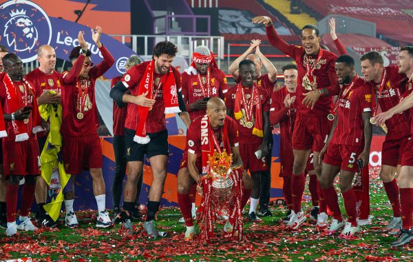 LIVERPOOL, ENGLAND - Wednesday, July 22, 2020: Liverpool’s Fabio Henrique Tavares 'Fabinho' lifts the Premier League trophy after as his side are crowned Champions after the FA Premier League match between Liverpool FC and Chelsea FC at Anfield. The game was played behind closed doors due to the UK government’s social distancing laws during the Coronavirus COVID-19 Pandemic. Liverpool won 5-3. (Pic by David Rawcliffe/Propaganda)