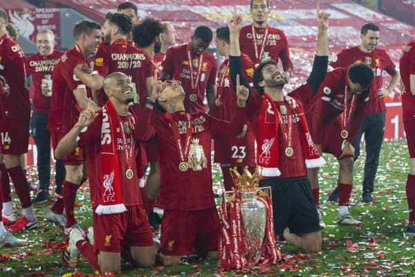 LIVERPOOL, ENGLAND - Wednesday, July 22, 2020: Liverpool’s three Brazilians Fabio Henrique Tavares 'Fabinho', Roberto Firmino and goalkeeper Alisson Becker with the Premier League trophy after as their side are crowned Champions after the FA Premier League match between Liverpool FC and Chelsea FC at Anfield. The game was played behind closed doors due to the UK government’s social distancing laws during the Coronavirus COVID-19 Pandemic. Liverpool won 5-3. (Pic by David Rawcliffe/Propaganda)