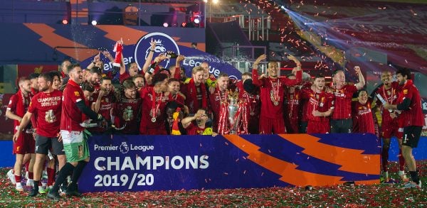 LIVERPOOL, ENGLAND - Wednesday, July 22, 2020: Liverpool’s captain Jordan Henderson with the Premier League trophy as his side are crowned Champions after the FA Premier League match between Liverpool FC and Chelsea FC at Anfield. The game was played behind closed doors due to the UK government’s social distancing laws during the Coronavirus COVID-19 Pandemic. Liverpool won 5-3. (Pic by David Rawcliffe/Propaganda)