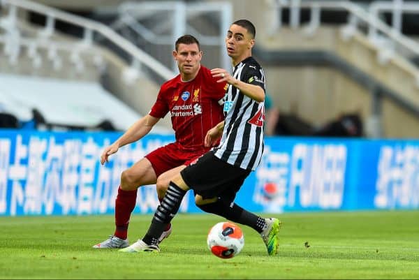 LIVERPOOL, ENGLAND - Sunday, July 26, 2020: Liverpool’s James Milner during the final match of the FA Premier League season between Newcastle United FC and Liverpool FC at St. James' Park. The game was played behind closed doors due to the UK government’s social distancing laws during the Coronavirus COVID-19 Pandemic. (Pic by David Rawcliffe/Propagandab)