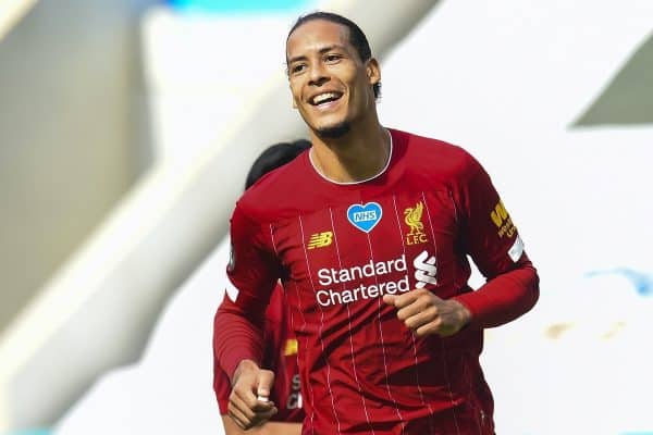 LIVERPOOL, ENGLAND - Sunday, July 26, 2020: Liverpool’s Virgil van Dijk celebrates scoring the first goal during the final match of the FA Premier League season between Newcastle United FC and Liverpool FC at St. James' Park. The game was played behind closed doors due to the UK government’s social distancing laws during the Coronavirus COVID-19 Pandemic. (Pic by Propaganda)
