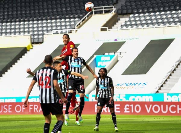 LIVERPOOL, ENGLAND - Sunday, July 26, 2020: Liverpool’s Virgil van Dijk scores the first goal with a header during the final match of the FA Premier League season between Newcastle United FC and Liverpool FC at St. James' Park. The game was played behind closed doors due to the UK government’s social distancing laws during the Coronavirus COVID-19 Pandemic. (Pic by Propaganda)