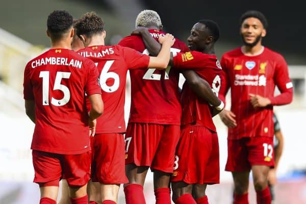 LIVERPOOL, ENGLAND - Sunday, July 26, 2020: Divock Origi (C) celebrates scoring the second goal with team-mates during the final match of the FA Premier League season between Newcastle United FC and Liverpool FC at St. James' Park. The game was played behind closed doors due to the UK government’s social distancing laws during the Coronavirus COVID-19 Pandemic. (Pic by Propaganda)