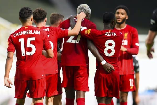 LIVERPOOL, ENGLAND - Sunday, July 26, 2020: Divock Origi (C) celebrates scoring the second goal with team-mates during the final match of the FA Premier League season between Newcastle United FC and Liverpool FC at St. James' Park. The game was played behind closed doors due to the UK government’s social distancing laws during the Coronavirus COVID-19 Pandemic. (Pic by Propaganda)