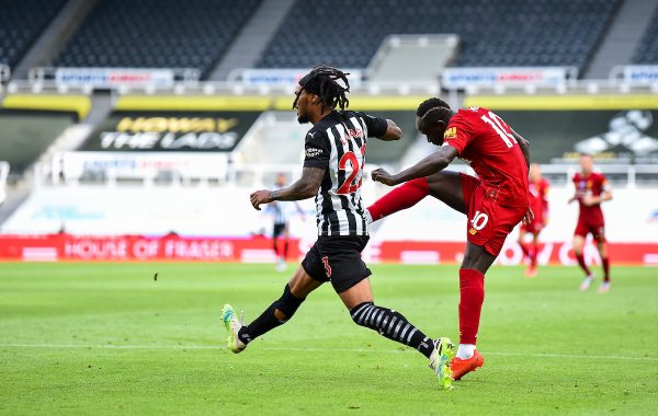 LIVERPOOL, ENGLAND - Sunday, July 26, 2020: Liverpool’s Sadio Mané scores the third goal during the final match of the FA Premier League season between Newcastle United FC and Liverpool FC at St. James' Park. The game was played behind closed doors due to the UK government’s social distancing laws during the Coronavirus COVID-19 Pandemic. Liverpool won 3-1 and finished the season as Champions on 99 points. (Pic by Propaganda)