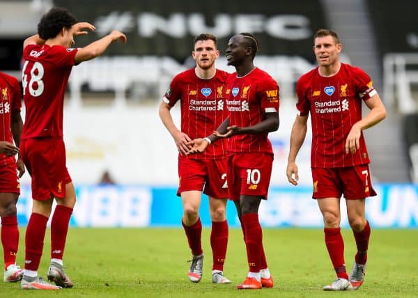 LIVERPOOL, ENGLAND - Sunday, July 26, 2020: Liverpool’s Sadio Mané (C) celebrates after scoring the third goal during the final match of the FA Premier League season between Newcastle United FC and Liverpool FC at St. James' Park. The game was played behind closed doors due to the UK government’s social distancing laws during the Coronavirus COVID-19 Pandemic. Liverpool won 3-1 and finished the season as Champions on 99 points. (Pic by Propaganda)