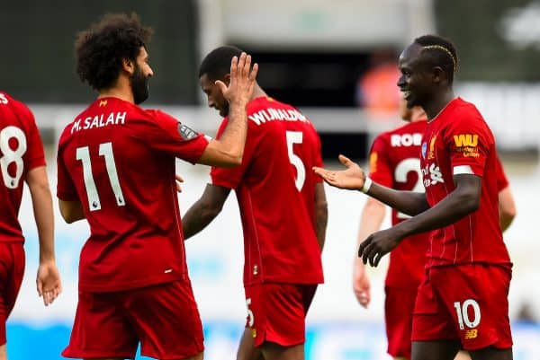 LIVERPOOL, ENGLAND - Sunday, July 26, 2020: Liverpool’s Sadio Mané (C) celebrates after scoring the third goal during the final match of the FA Premier League season between Newcastle United FC and Liverpool FC at St. James' Park. The game was played behind closed doors due to the UK government’s social distancing laws during the Coronavirus COVID-19 Pandemic. Liverpool won 3-1 and finished the season as Champions on 99 points. (Pic by Propaganda)